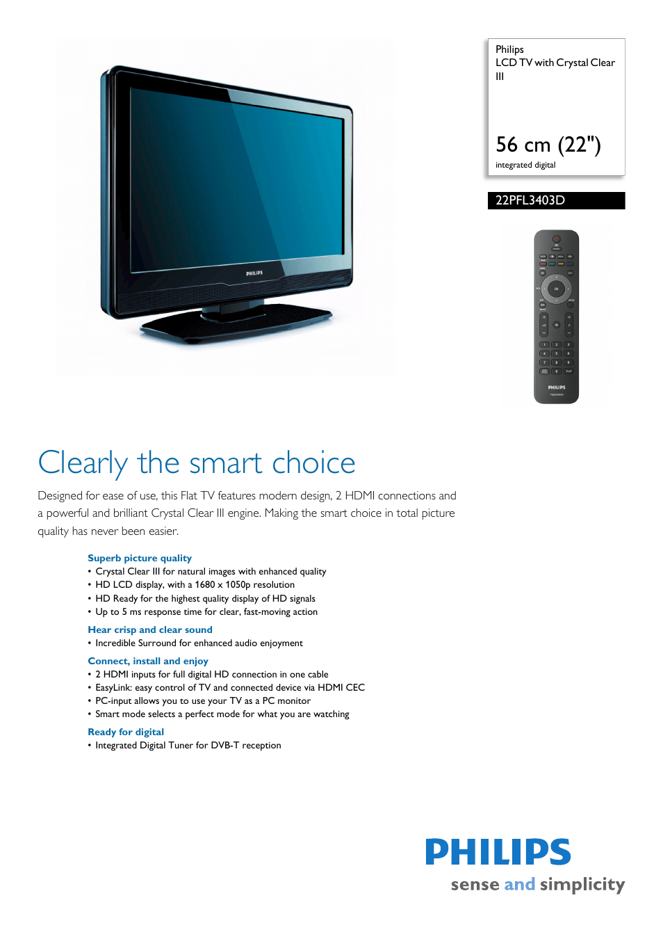Philips 22PFL 3403D/10 User Manual | 3 pages