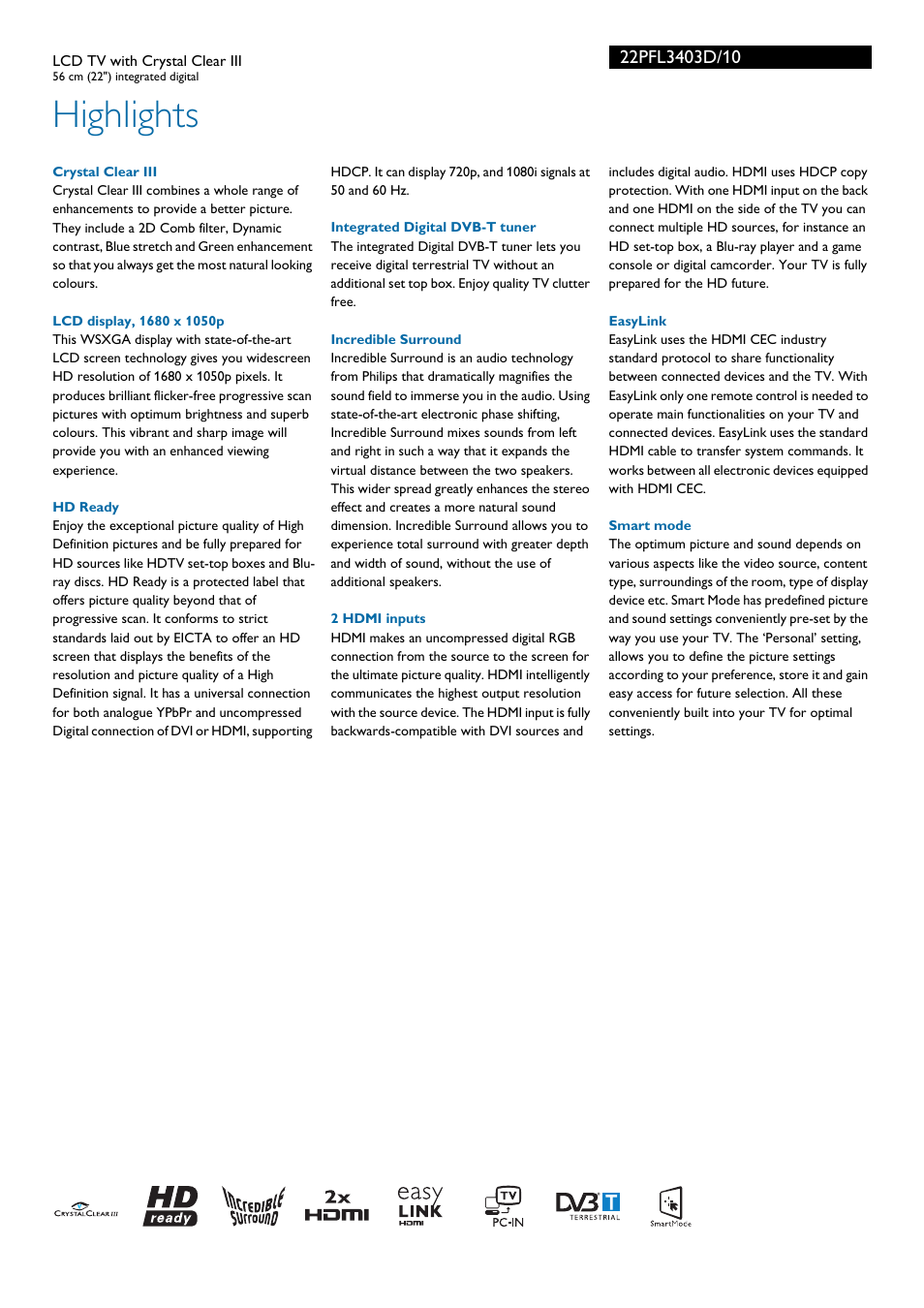 Highlights | Philips 22PFL 3403D/10 User Manual | Page 2 / 3