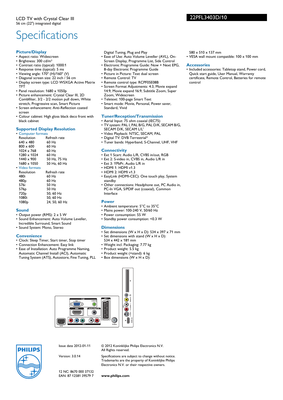 Specifications | Philips 22PFL 3403D/10 User Manual | Page 3 / 3