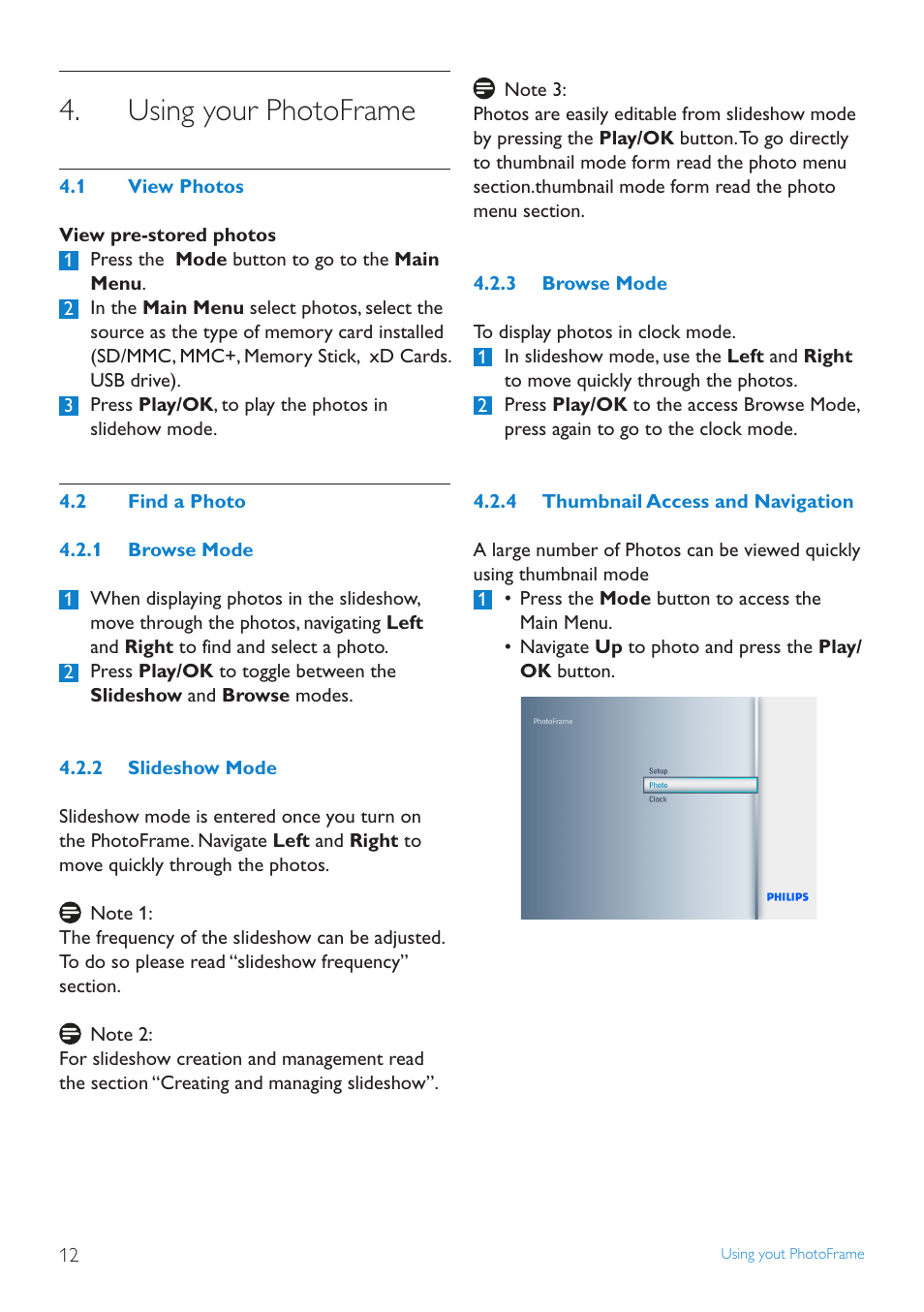 Using your photoframe, View.photos, Find.a.photo | Browse.mode, Slideshow.mode, Thumbnail.access.and.navigation | Philips 6FF3FP User Manual | Page 14 / 38