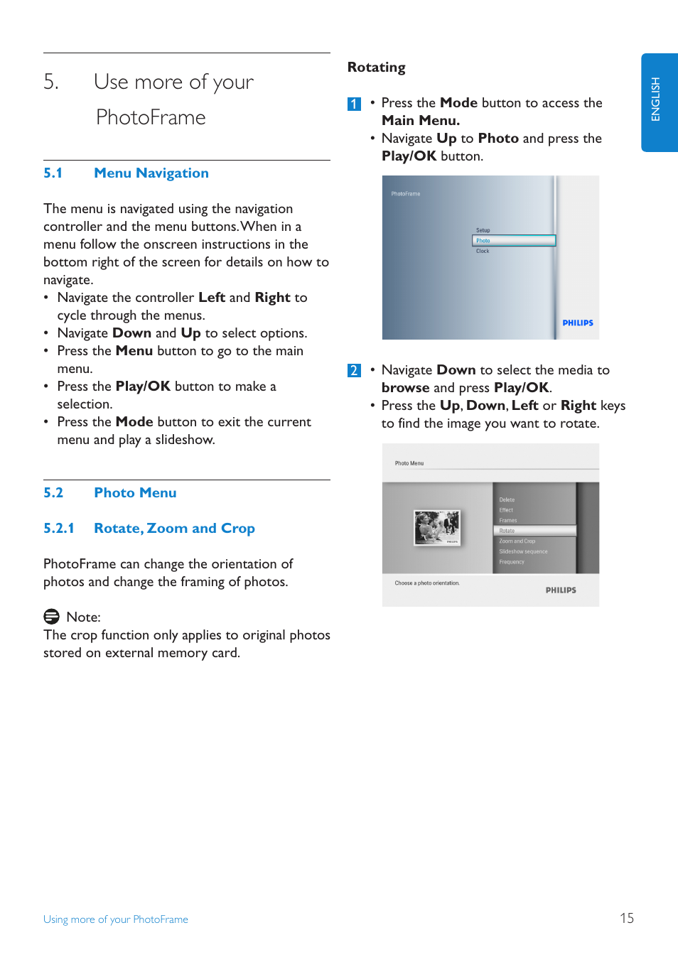 Use more of your, Menu.navigation, Photo.menu | Rotate,.zoom.and.crop, Photoframe | Philips 6FF3FP User Manual | Page 17 / 38