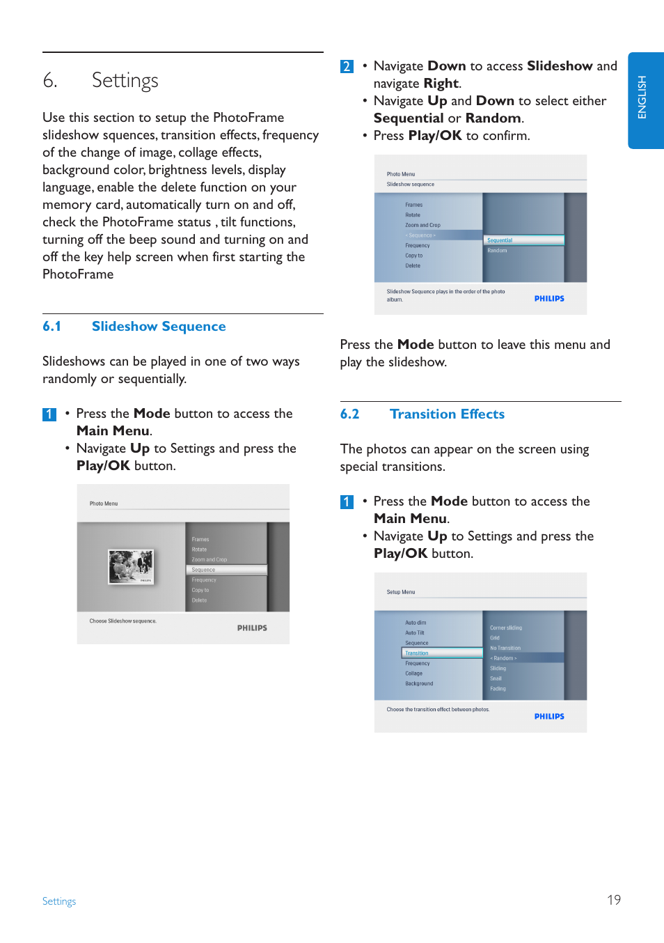 Settings, Slideshow.sequence, Transition.effects | Philips 6FF3FP User Manual | Page 21 / 38