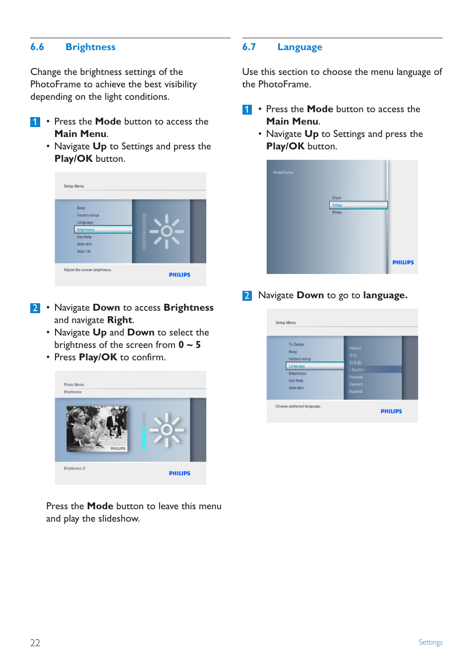 Brightness, Language | Philips 6FF3FP User Manual | Page 24 / 38