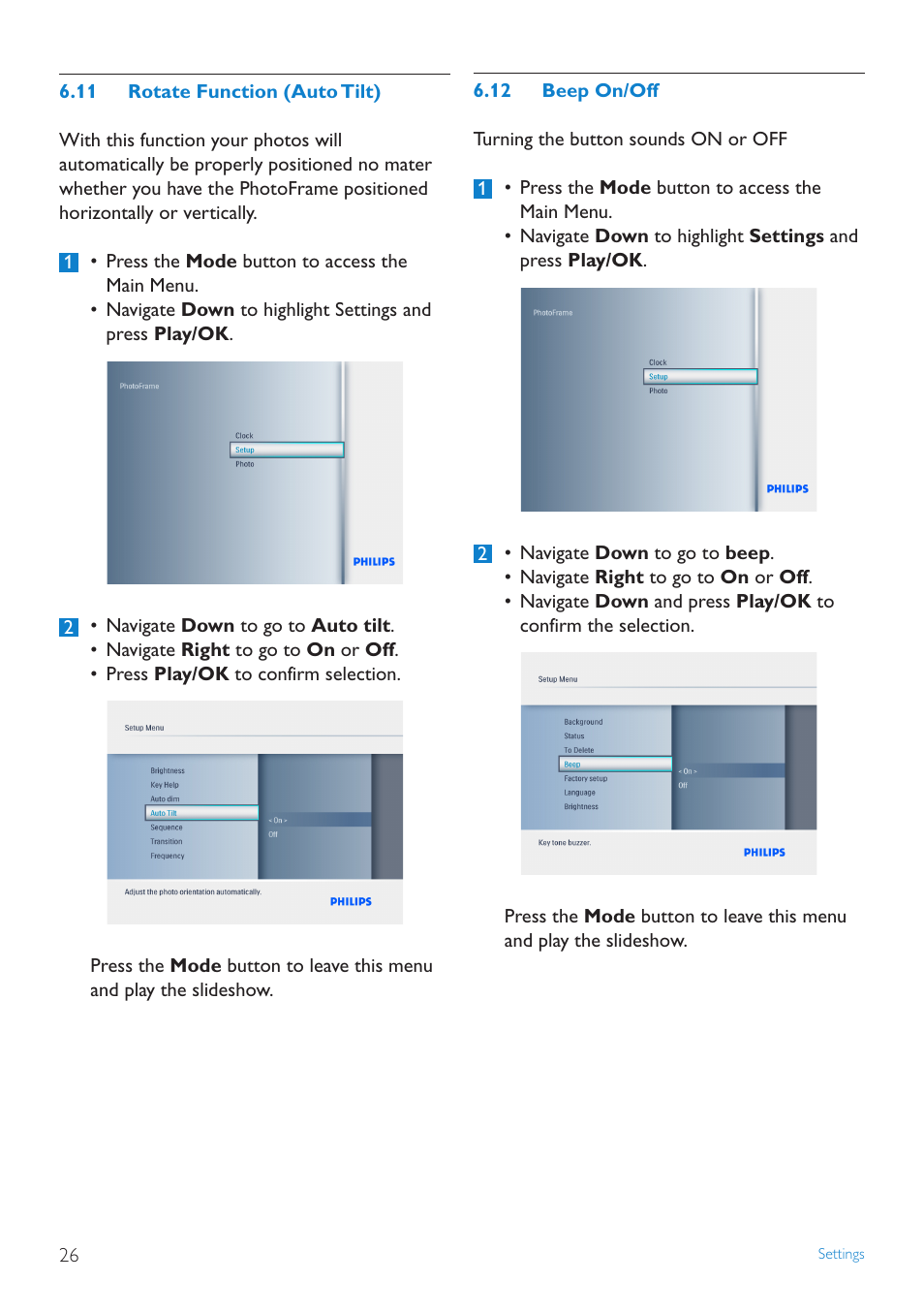 Rotate.function.(auto.tilt), Beep.on/off | Philips 6FF3FP User Manual | Page 28 / 38