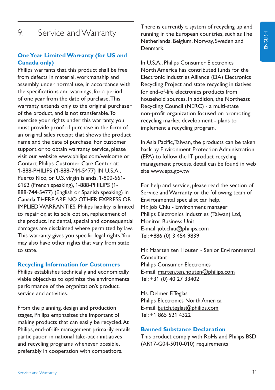 Service and warranty, One.year.limited.warranty.(for.us.and.ca, Recycling.information.for.customers | Banned.substance.declaration | Philips 6FF3FP User Manual | Page 33 / 38