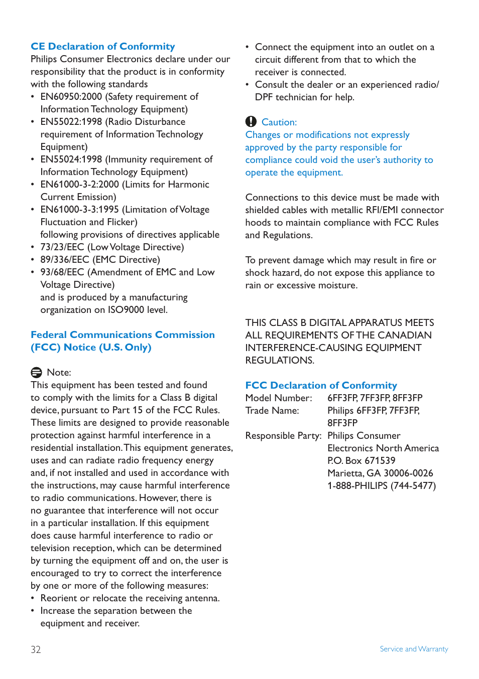 Ce.declaration.of.conformity, Federal.communications.commission.(fcc), Fcc.declaration.of.conformity | Philips 6FF3FP User Manual | Page 34 / 38