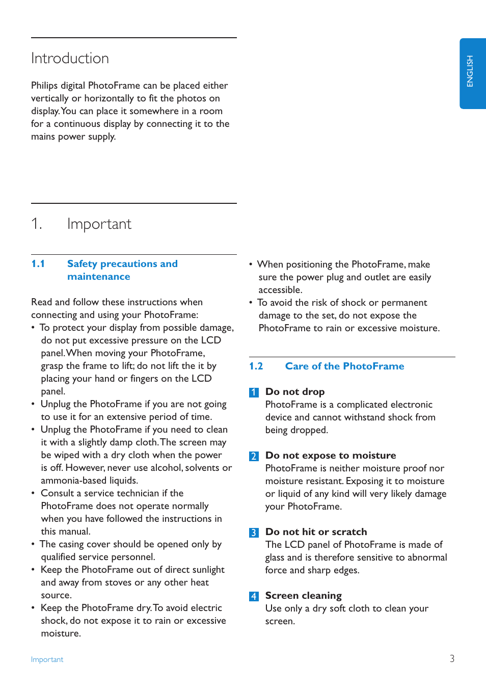 Introduction, Important, Safety.precautions.and....maintenanc | Care.of.the.photoframe | Philips 6FF3FP User Manual | Page 5 / 38