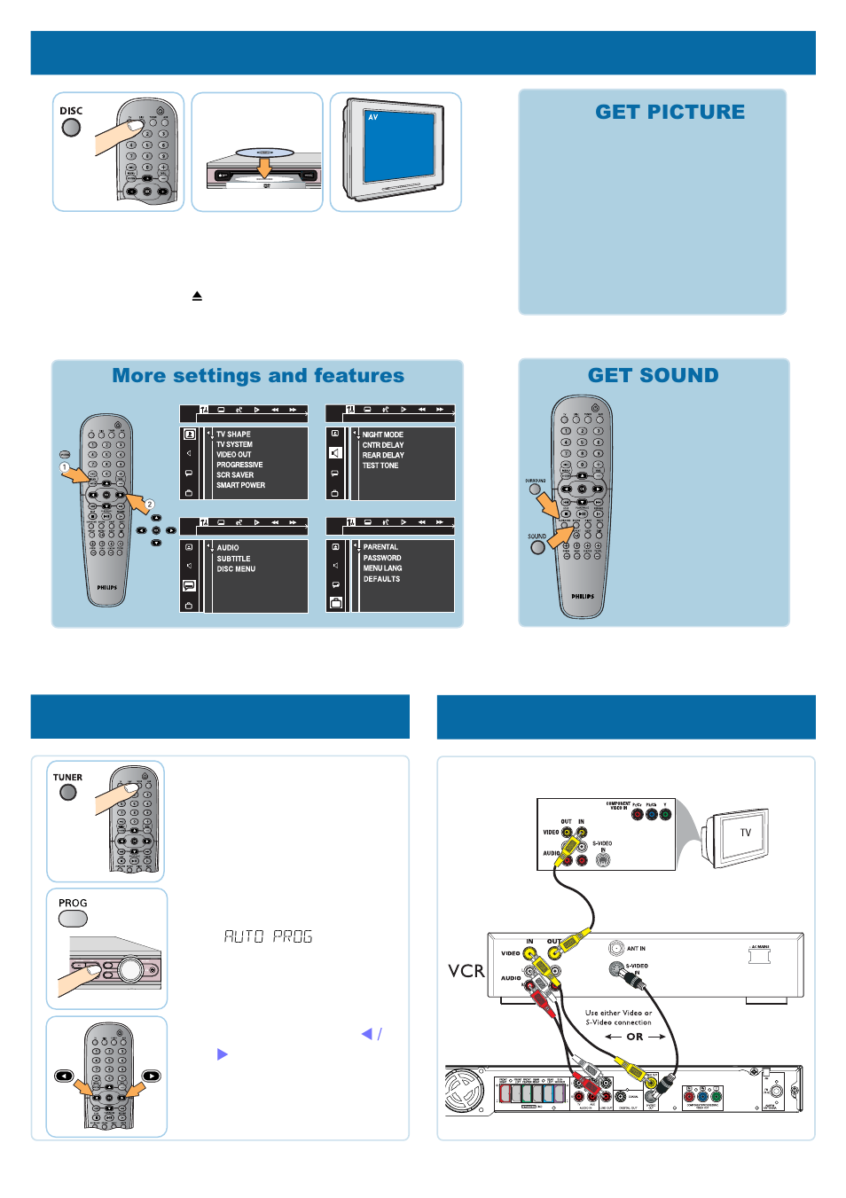 Play a disc, Programme radio stations, Optional - connect vcr | Philips HTS3400 User Manual | Page 2 / 4