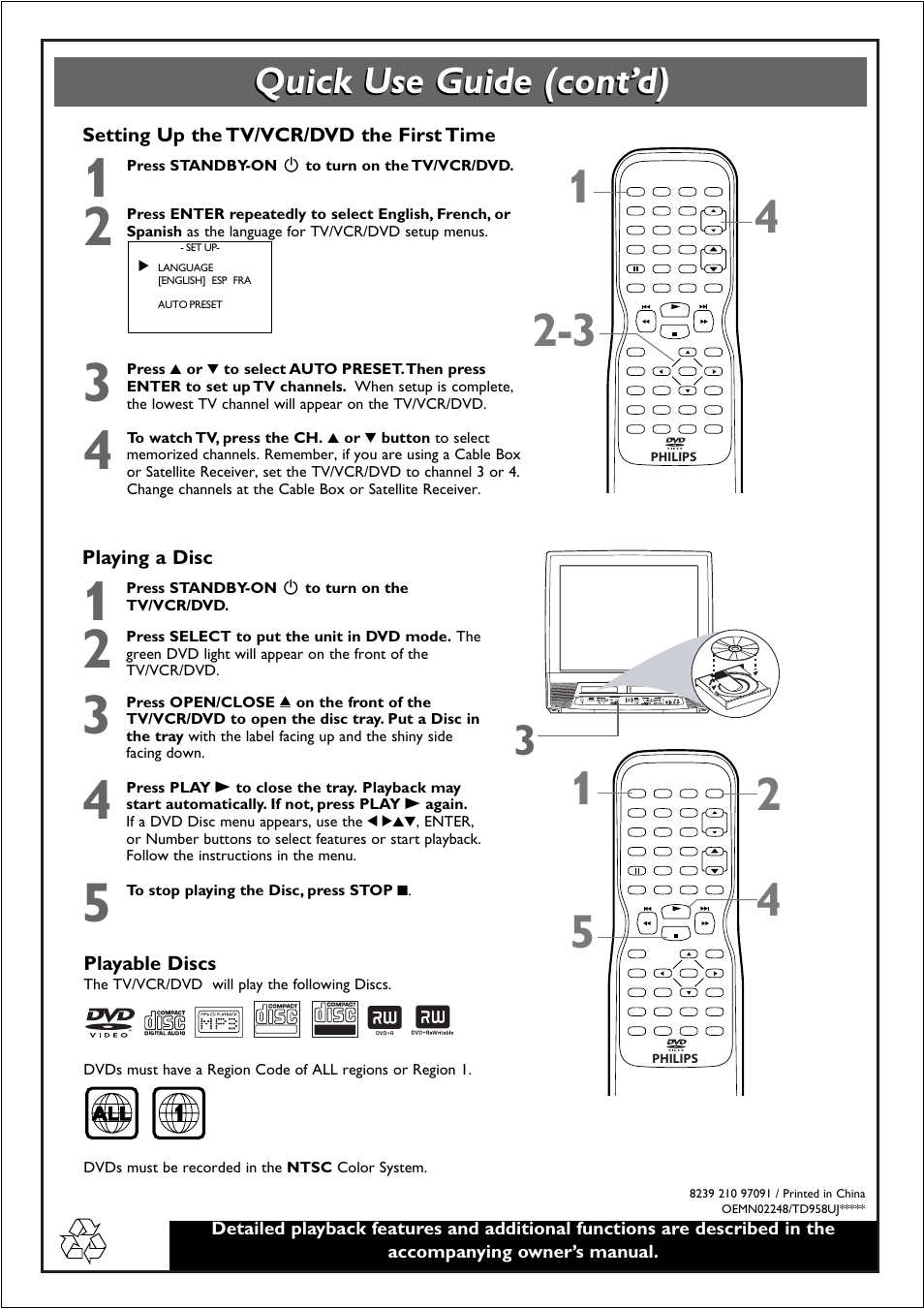 Quick use guide (cont’d), Playing a disc, Setting up the tv/vcr/dvd the first time | Playable discs | Philips 27DVCR55 User Manual | Page 2 / 2