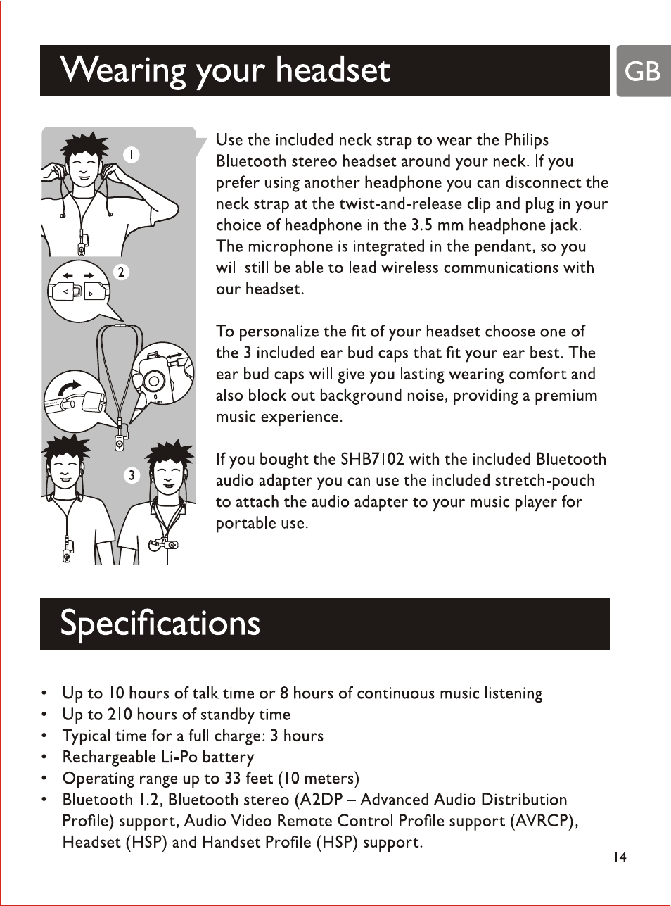 Wearing your headset, Specifications | Philips SHB7103 User Manual | Page 16 / 107