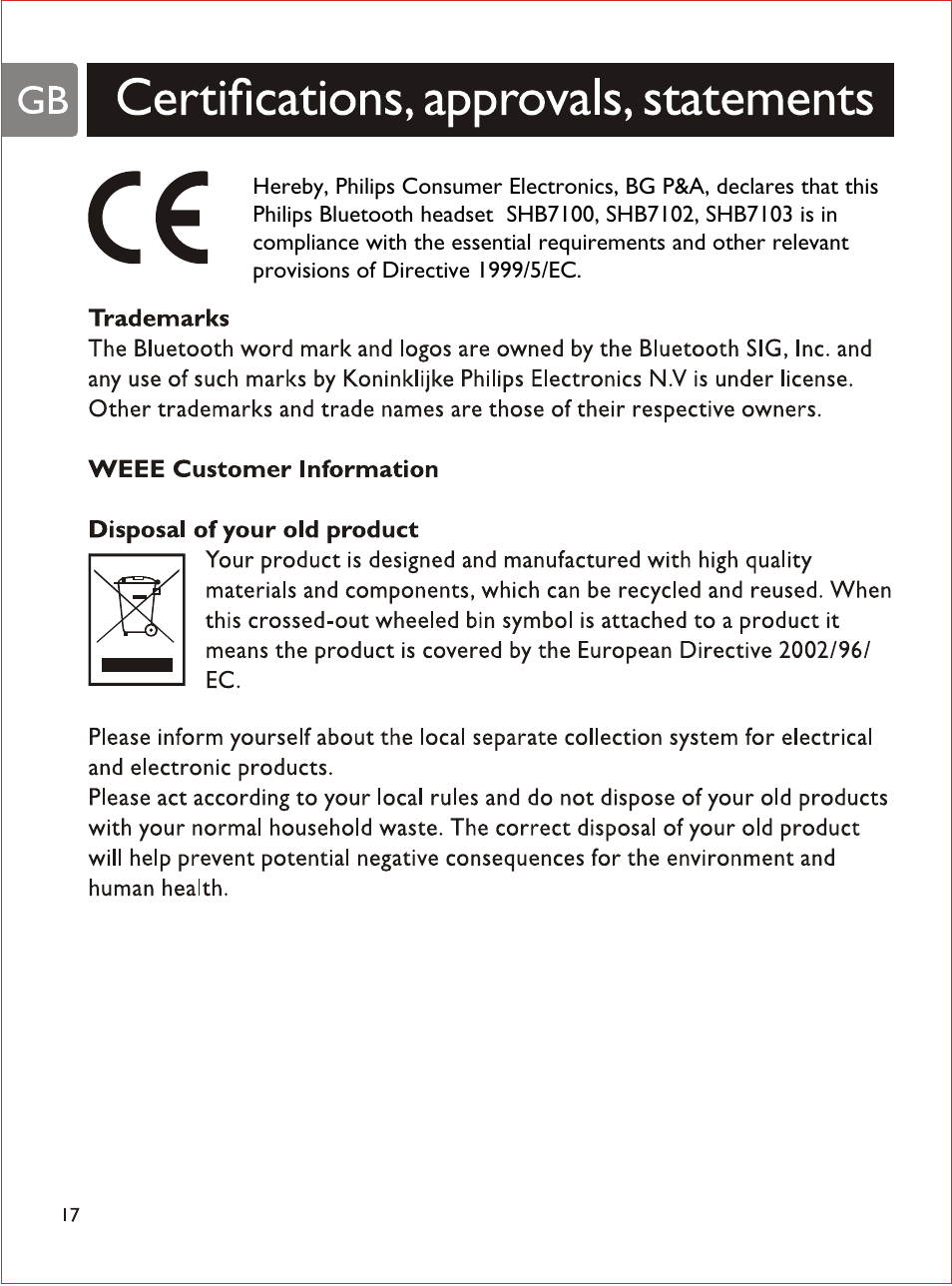 Gbi certifications, approvals, statements, Trademarks, Weee customer information | Disposal of your old product, I certifications, approvals, statements | Philips SHB7103 User Manual | Page 19 / 107