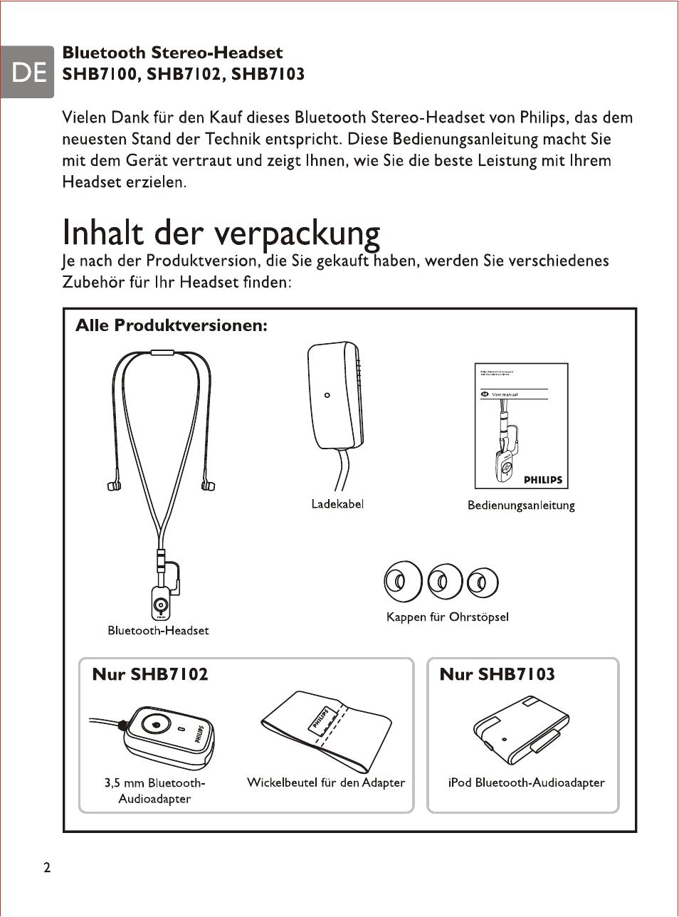 Inhalt der verpackung, Alle produktversionen | Philips SHB7103 User Manual | Page 21 / 107