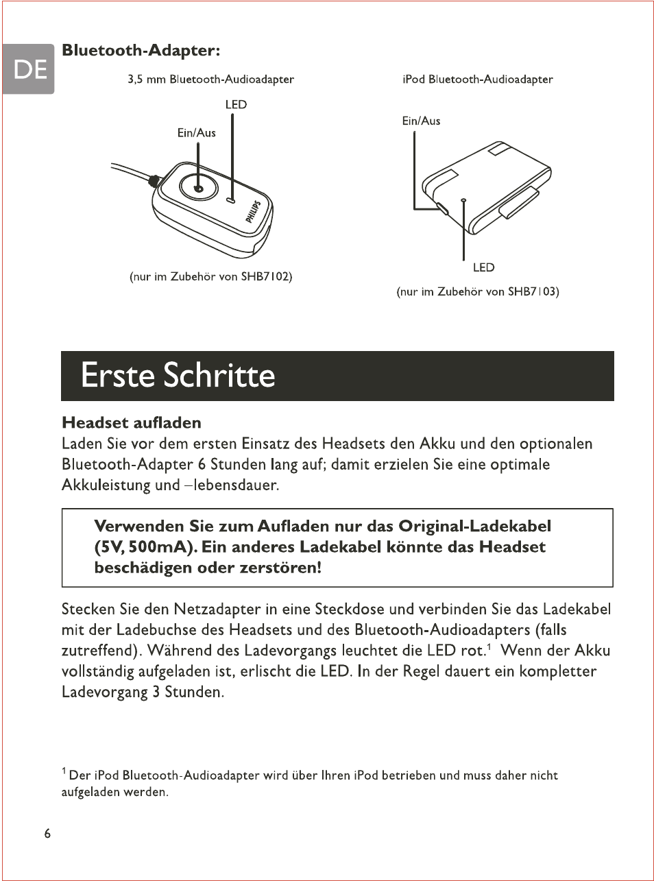 Erste schritte, Headset aufladen | Philips SHB7103 User Manual | Page 25 / 107