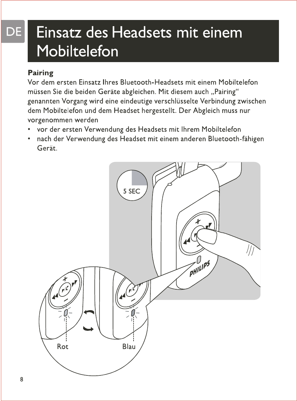 De i einsatz des headsets mit einem mobiltelefon, Pairing | Philips SHB7103 User Manual | Page 27 / 107