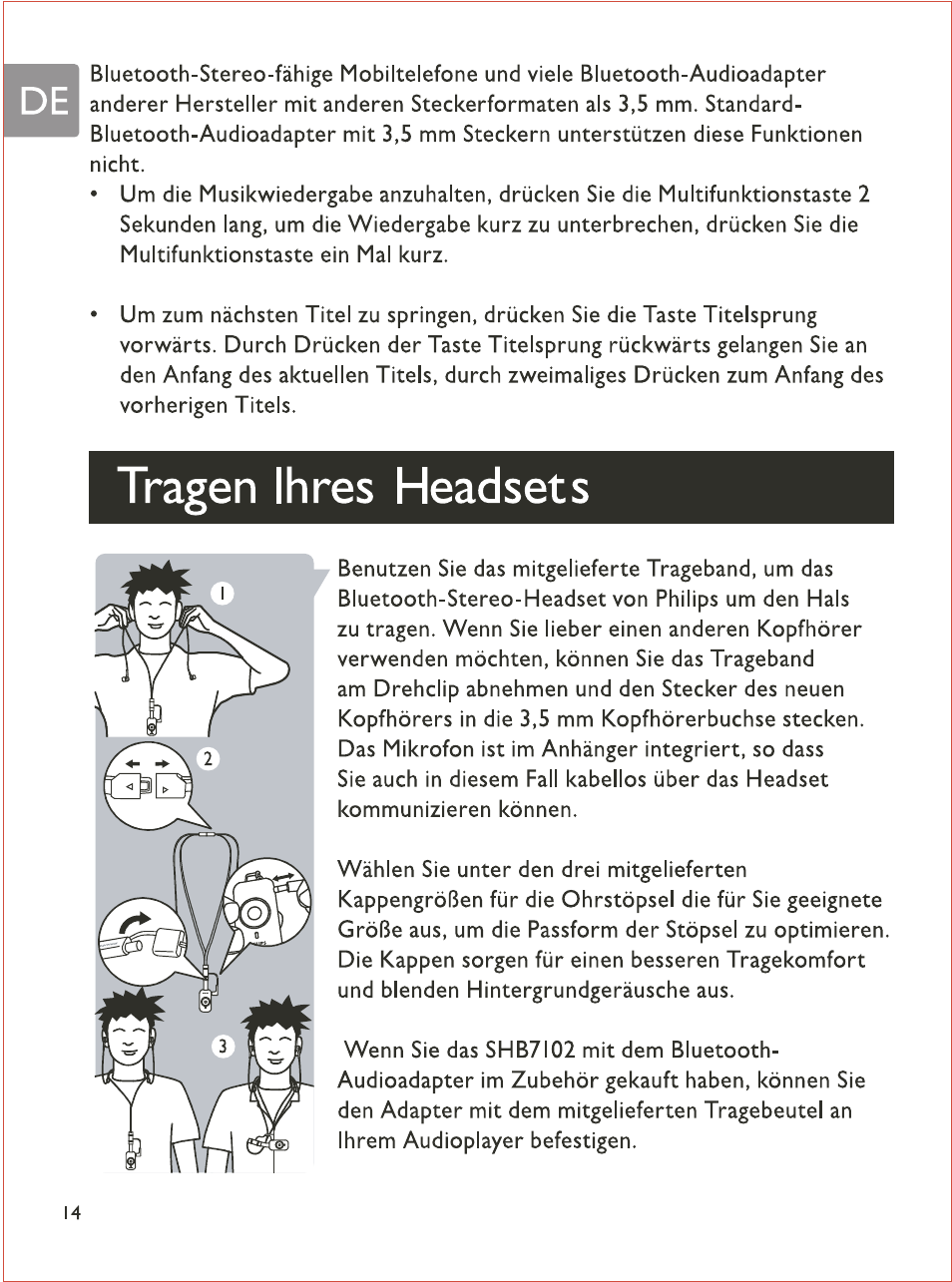 Tragen ihres headsets | Philips SHB7103 User Manual | Page 33 / 107