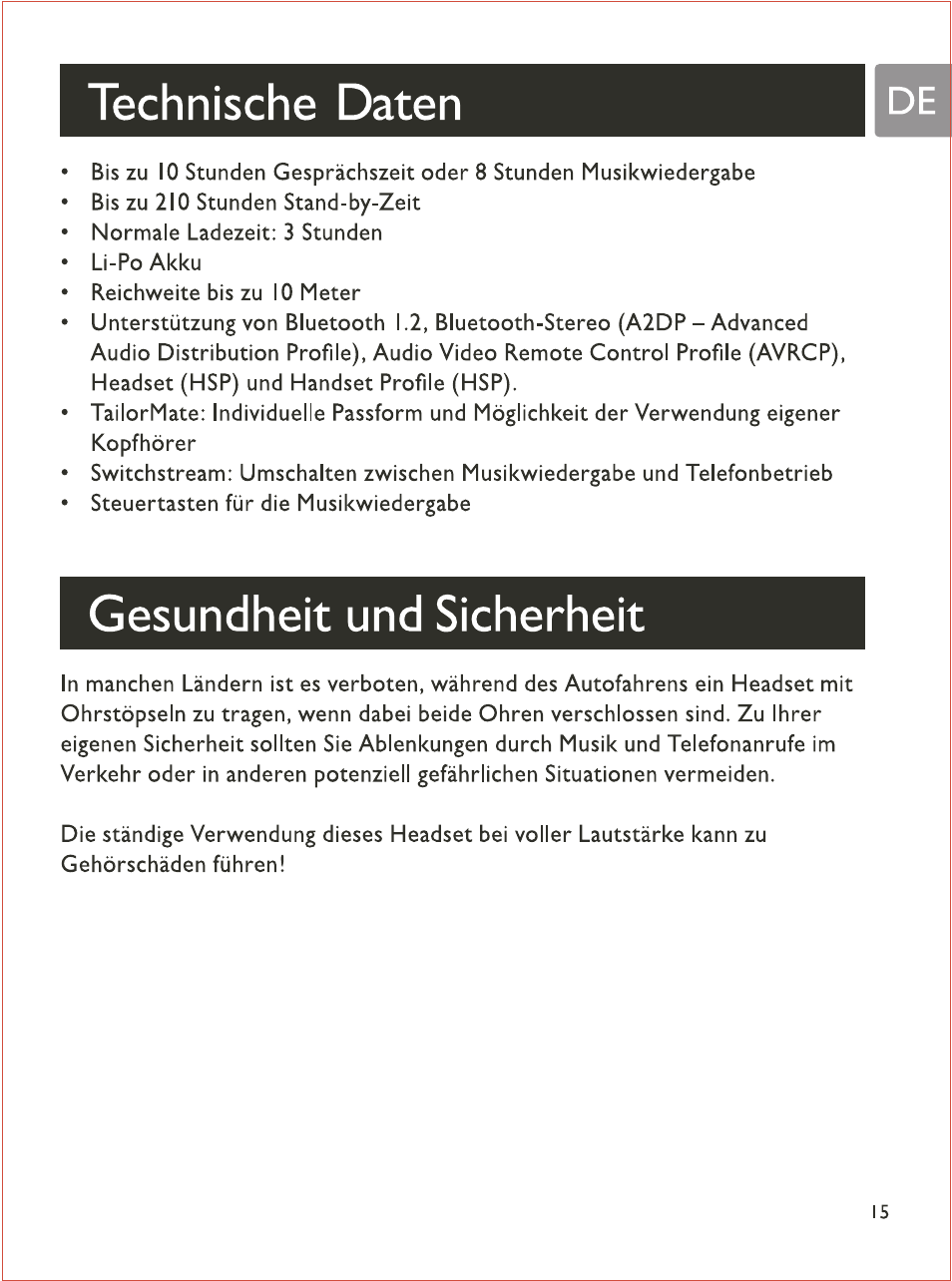 Technische daten, Gesundheit und sicherheit | Philips SHB7103 User Manual | Page 34 / 107
