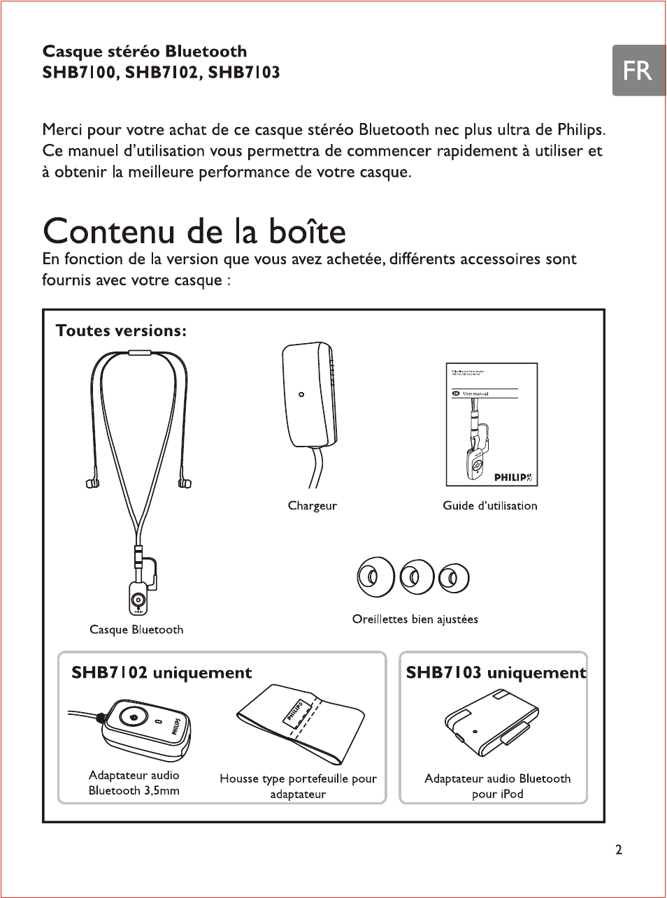 Casque stéréo bluetooth shb7i00, shb7i02, shb7i03, Contenu de la boîte, Toutes versions | Philips SHB7103 User Manual | Page 38 / 107