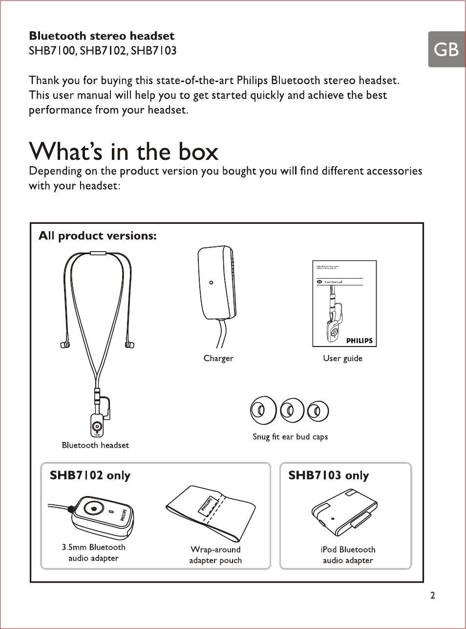 Bluetooth stereo headset, What’s in the box, All product versions | Philips SHB7103 User Manual | Page 4 / 107