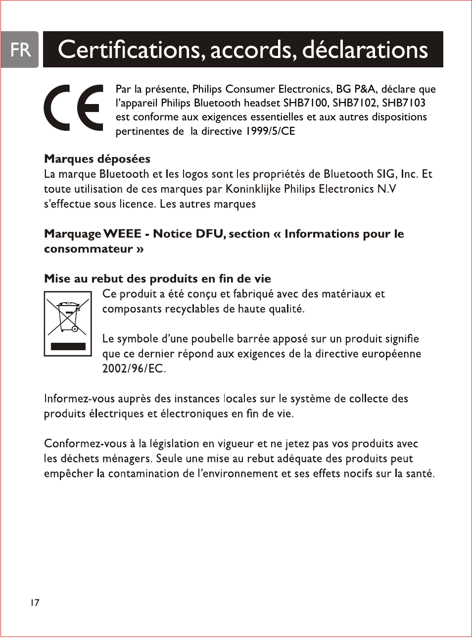 Fr i certifications, accords, déclarations, Certifications, accords, déclarations | Philips SHB7103 User Manual | Page 53 / 107