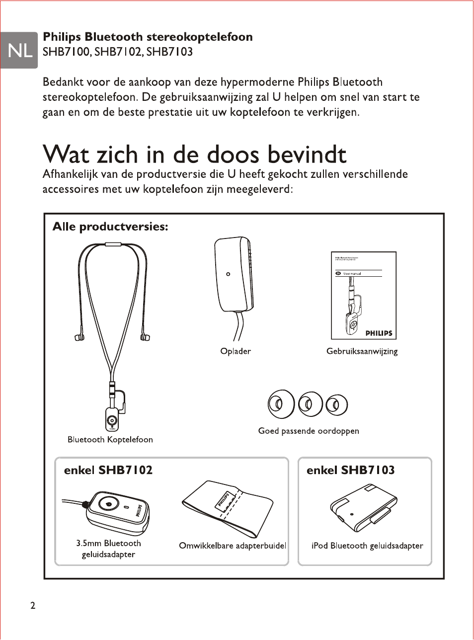 I philips bluetooth stereokoptelefoon, Wat zieh in de doos bevindt, Alle productversies | Philips SHB7103 User Manual | Page 55 / 107