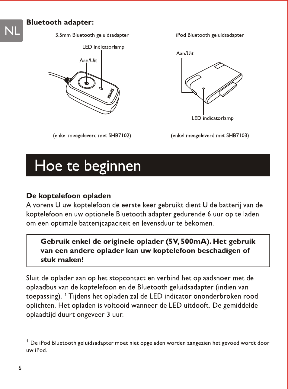 Hoe te beginnen, De koptelefbon opladen | Philips SHB7103 User Manual | Page 59 / 107