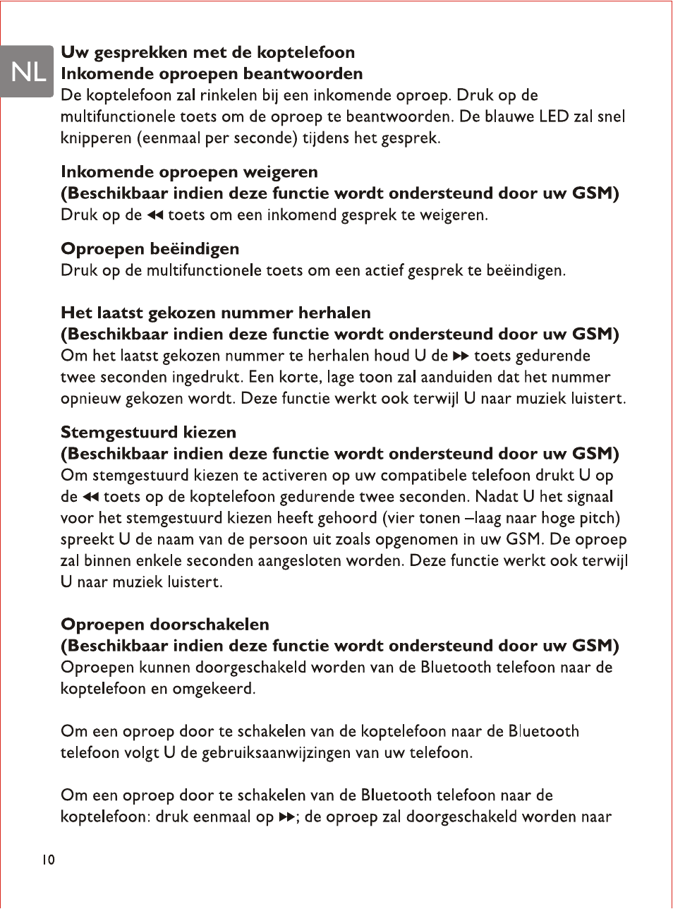 Inkomende oproepen weigeren, Het laatst gekozen nummer herhalen, Oproepen doorschakelen | Philips SHB7103 User Manual | Page 63 / 107