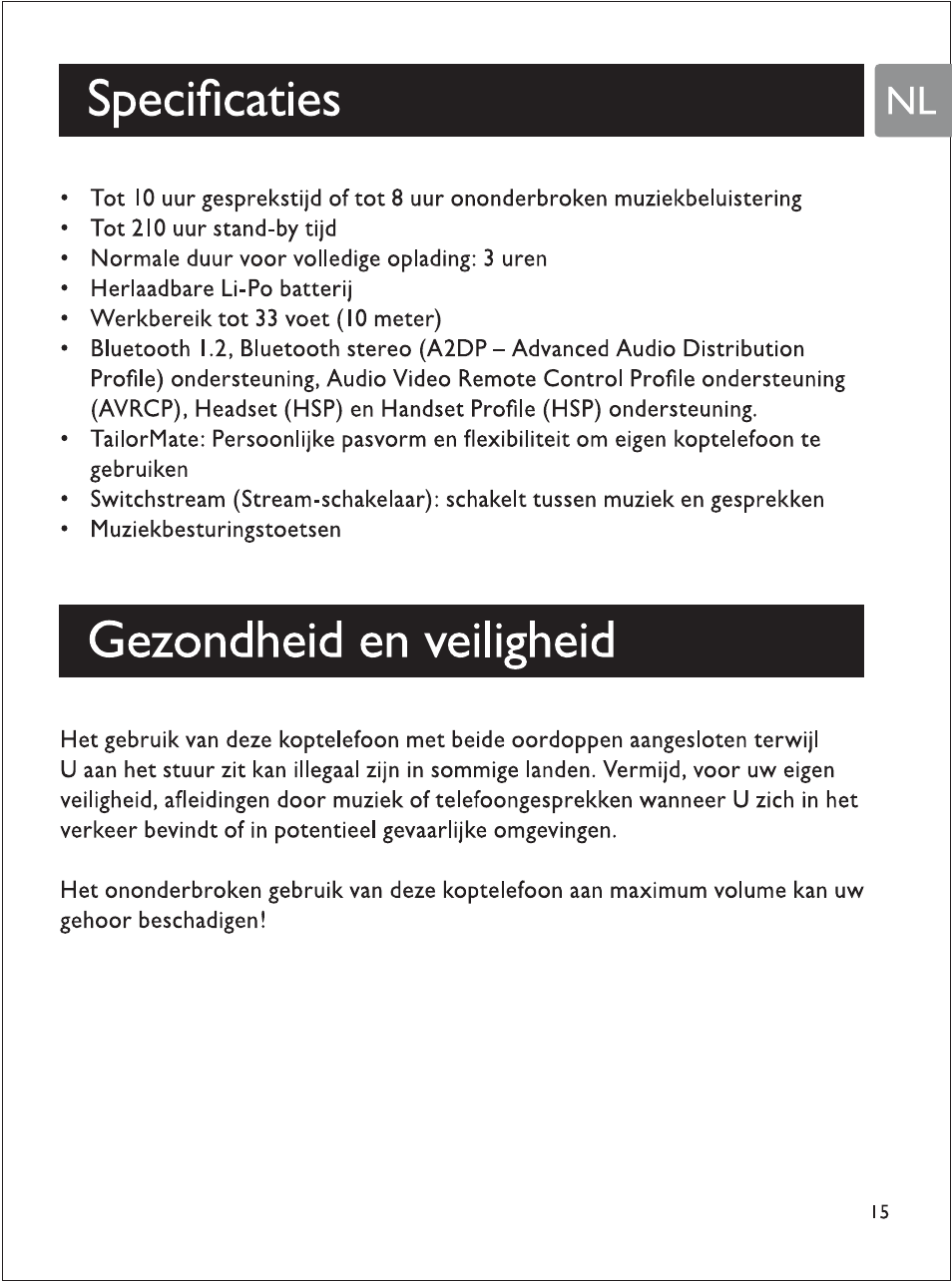 Specifìcaties, Gezondheid en veiligheid | Philips SHB7103 User Manual | Page 68 / 107