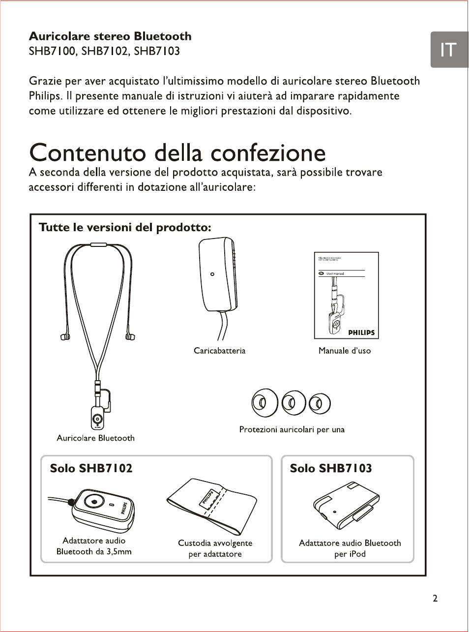 Auricolare stereo bluetooth, Contenuto della confezione, Tutte le versioni del prodotto | Philips SHB7103 User Manual | Page 72 / 107