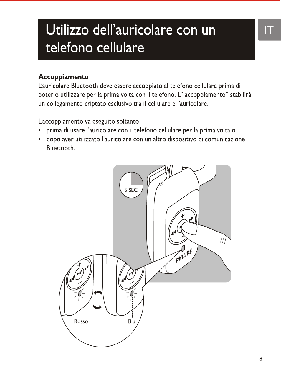 Utilizzo dell’auricolare con un telefono cellulare, Accoppiamento | Philips SHB7103 User Manual | Page 78 / 107