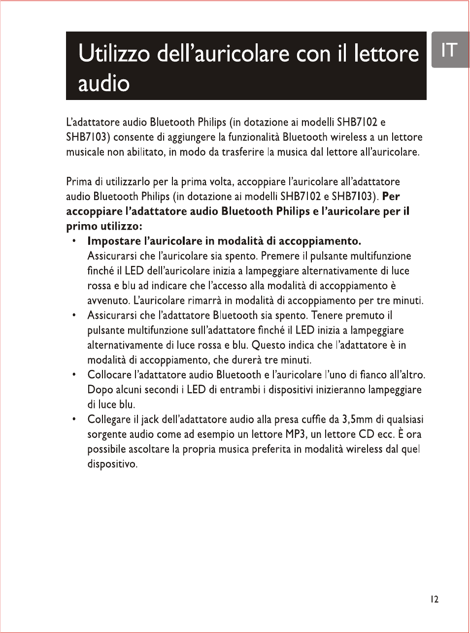 Utilizzo deh’auricolare con il lettore | it audio | Philips SHB7103 User Manual | Page 82 / 107