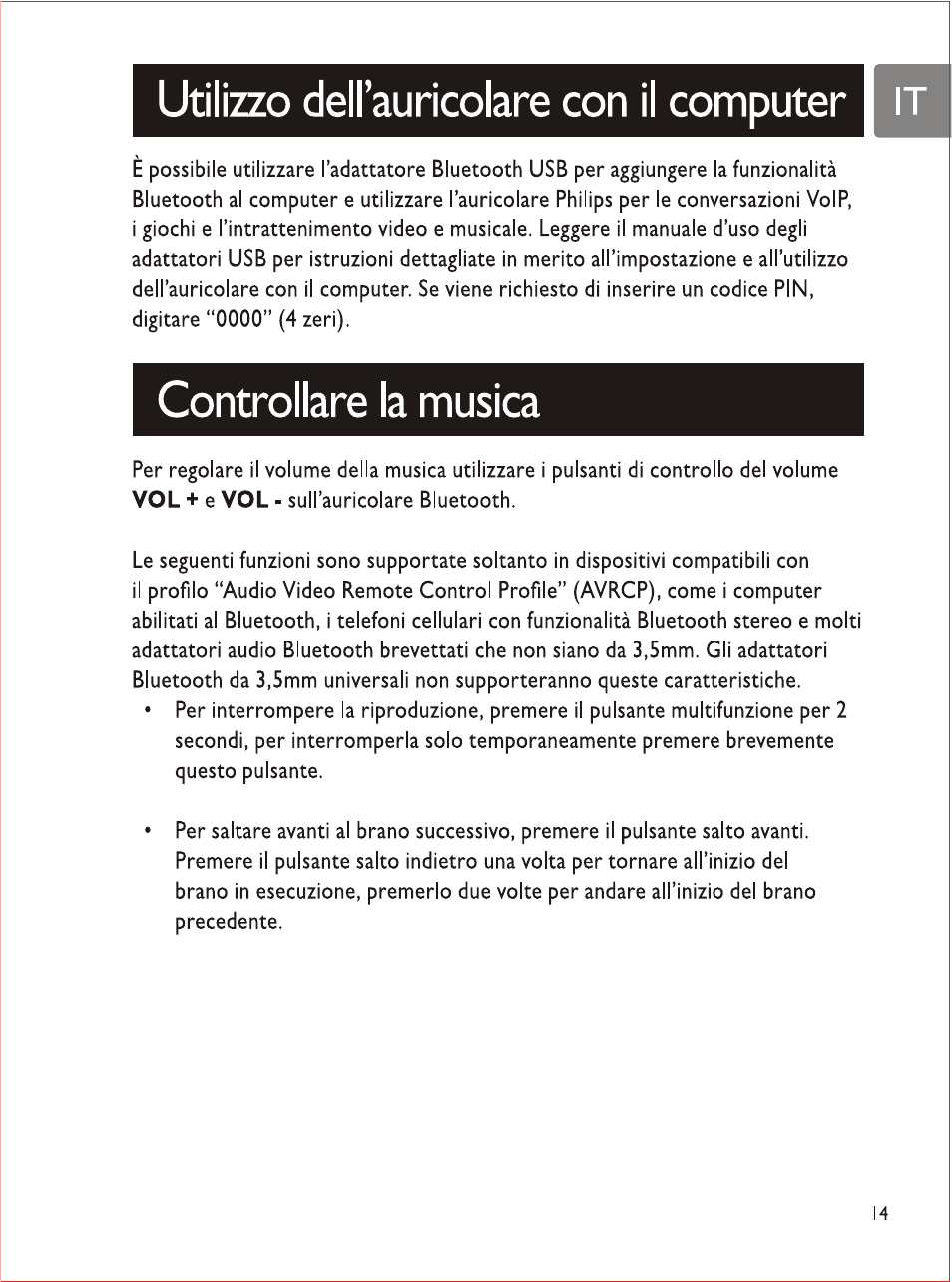 Utilizzo dell’auricolare con il computer i it, Controllare la musica, Utilizzo dell’auricolare con il computer | Philips SHB7103 User Manual | Page 84 / 107