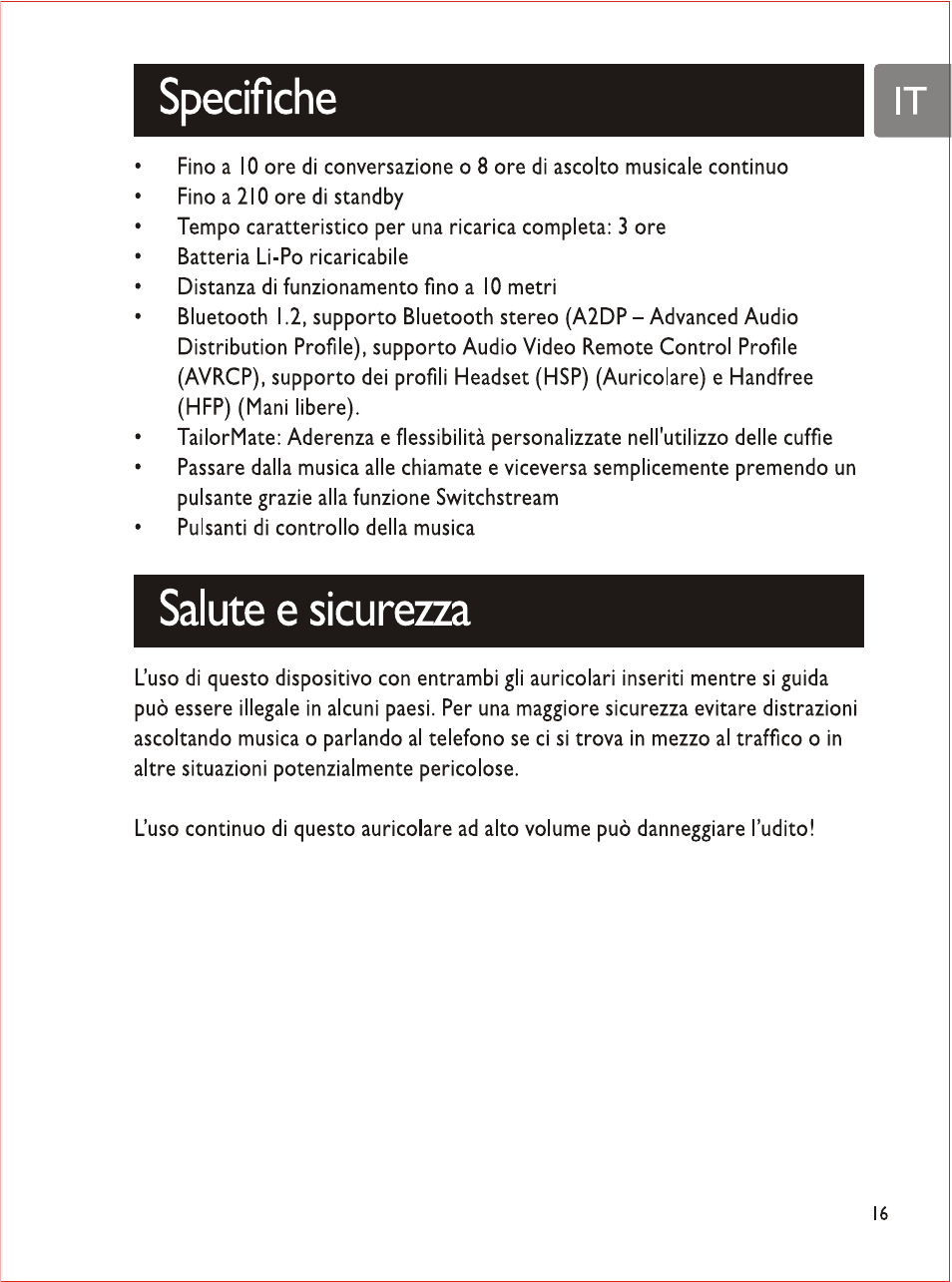 Specifiche, Salute e sicurezza | Philips SHB7103 User Manual | Page 86 / 107