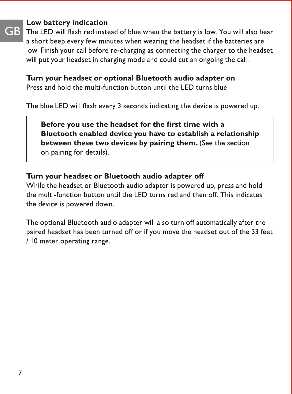 Low battery indication, Turn your headset or bluetooth audio adapter off | Philips SHB7103 User Manual | Page 9 / 107