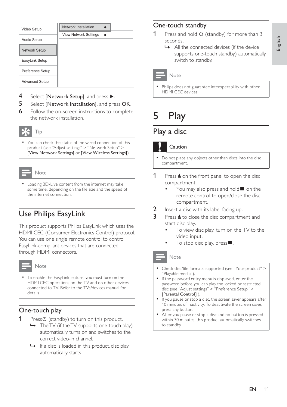 5 play, Play a disc, Use philips easylink | Philips BDP3100 User Manual | Page 11 / 46