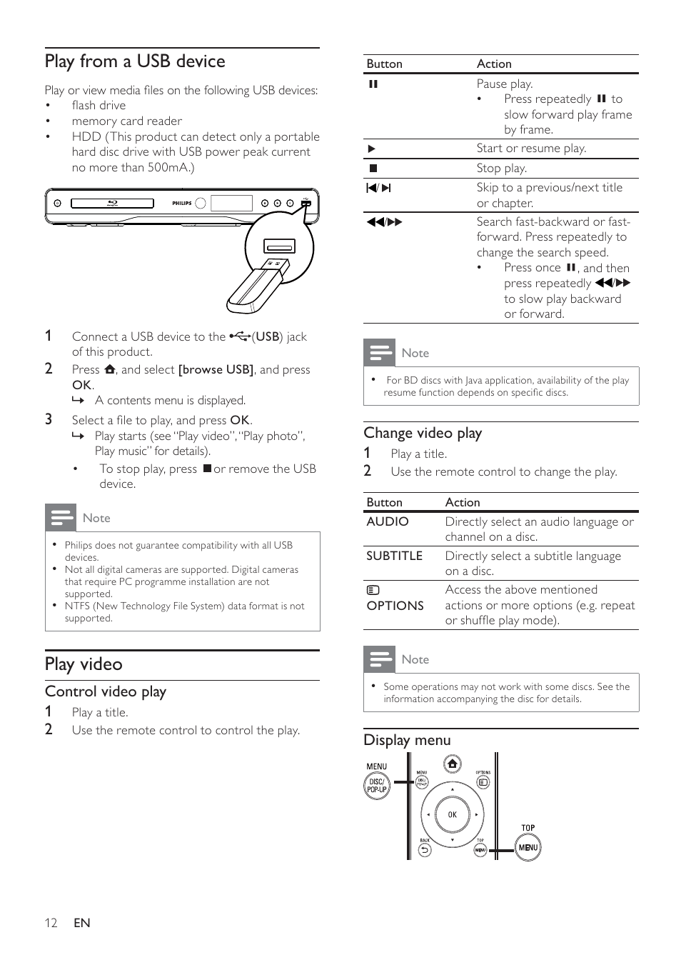 Play from a usb device, Play video | Philips BDP3100 User Manual | Page 12 / 46