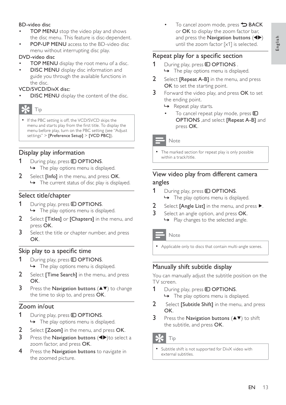 View video play from different camera angles 1, Manually shift subtitle display, Display play information 1 | Select title/chapter 1, Skip play to a speciﬁc time 1, Zoom in/out 1 | Philips BDP3100 User Manual | Page 13 / 46