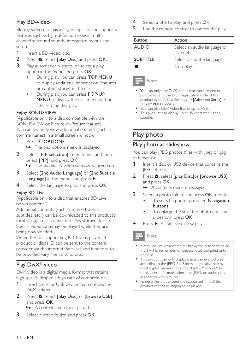 Play photo, Play photo as slideshow, Play bd-video | Play divx, Video | Philips BDP3100 User Manual | Page 14 / 46