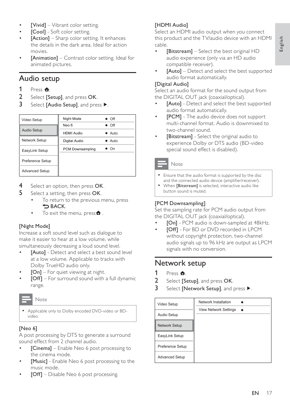 Network setup, Audio setup | Philips BDP3100 User Manual | Page 17 / 46