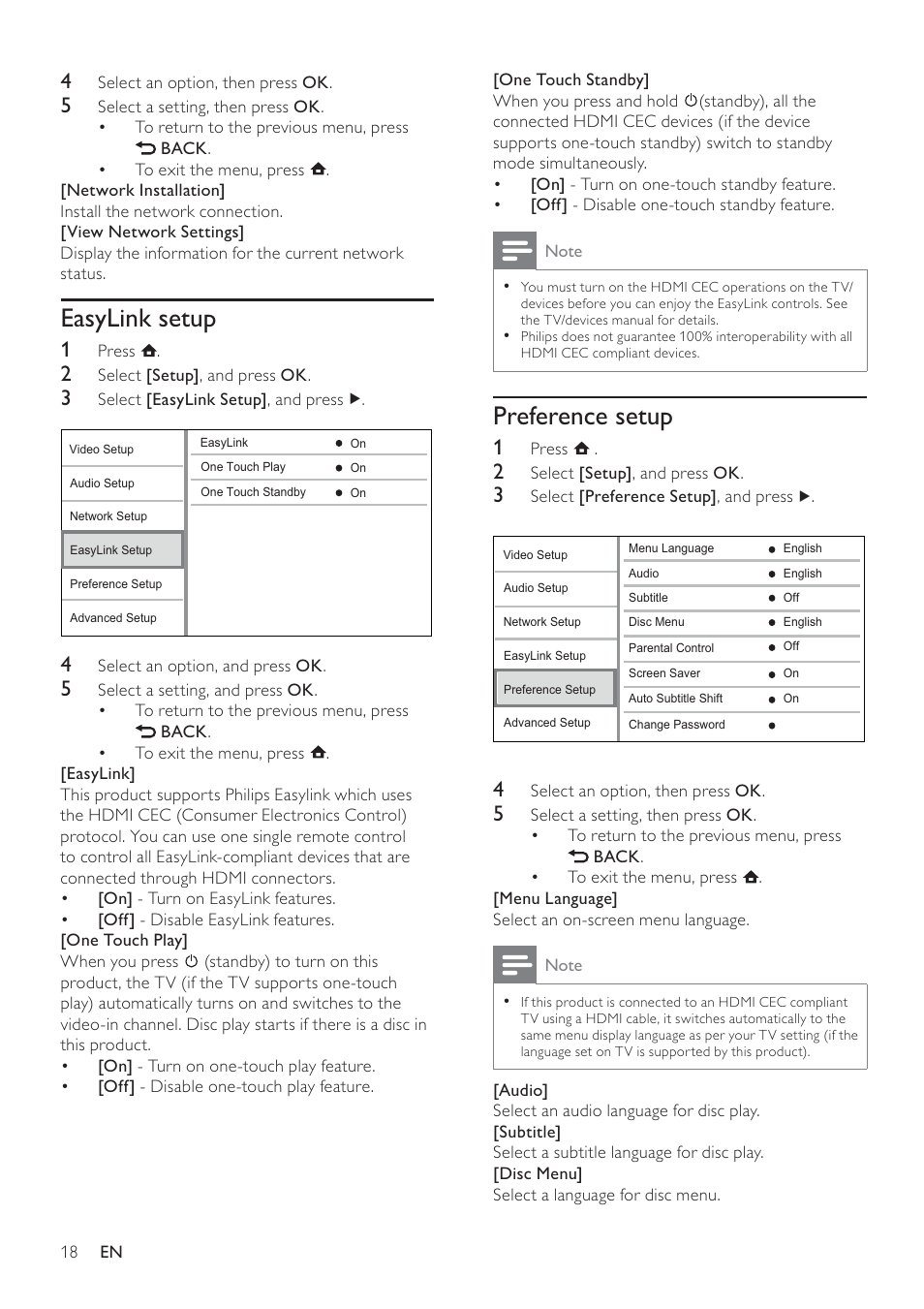 Preference setup, Easylink setup | Philips BDP3100 User Manual | Page 18 / 46
