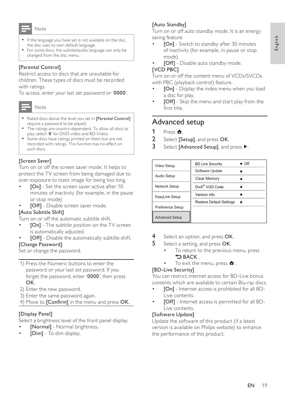 Advanced setup | Philips BDP3100 User Manual | Page 19 / 46