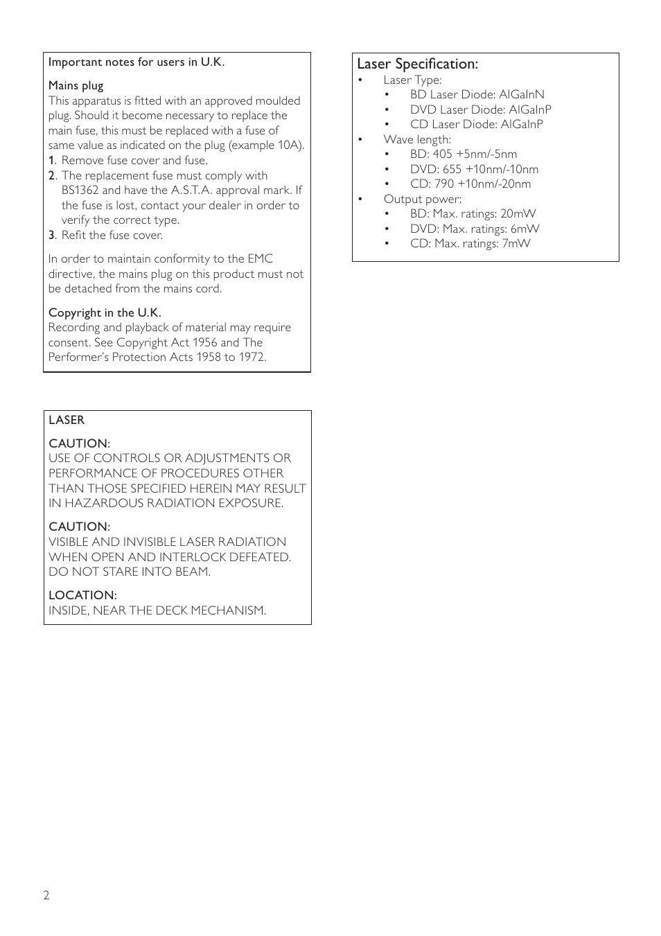 Laser speciﬁcation | Philips BDP3100 User Manual | Page 2 / 46