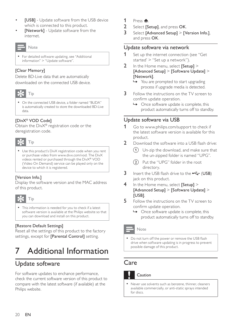 7 additional information, Care, Update software | Update software via network 1, Update software via usb 1 | Philips BDP3100 User Manual | Page 20 / 46