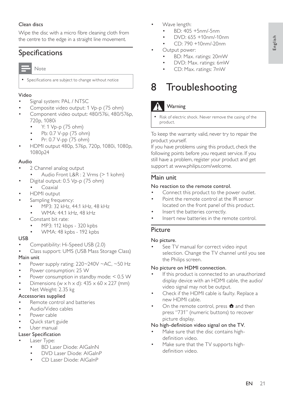 8 troubleshooting, Speciﬁcations, Main unit | Picture | Philips BDP3100 User Manual | Page 21 / 46