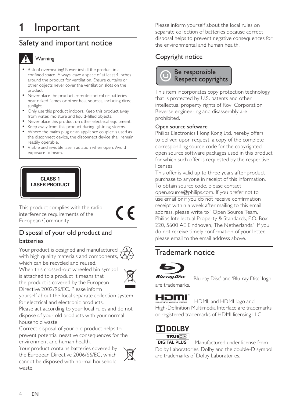 1 important, Trademark notice, Safety and important notice | Philips BDP3100 User Manual | Page 4 / 46