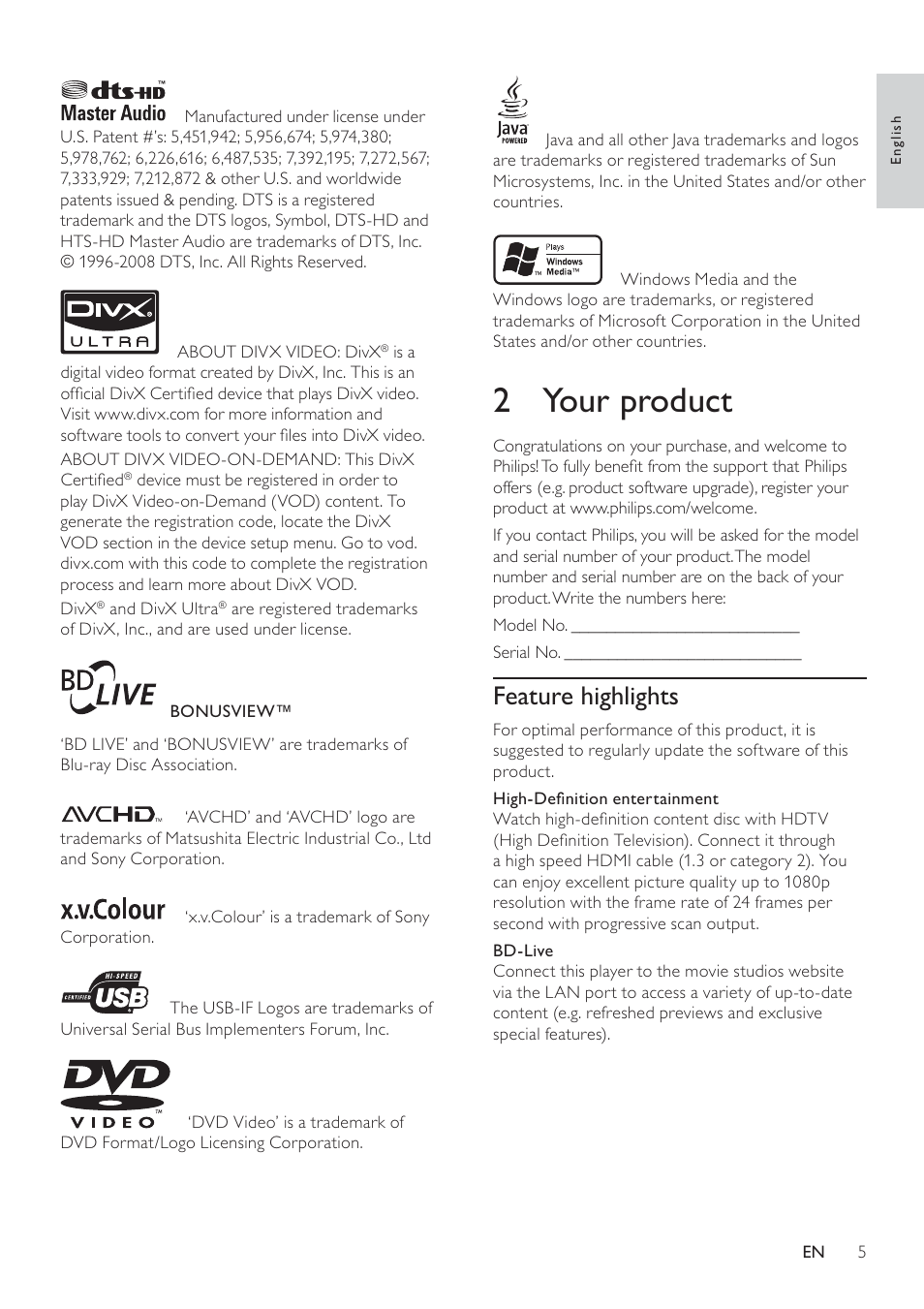 2 your product, Feature highlights | Philips BDP3100 User Manual | Page 5 / 46