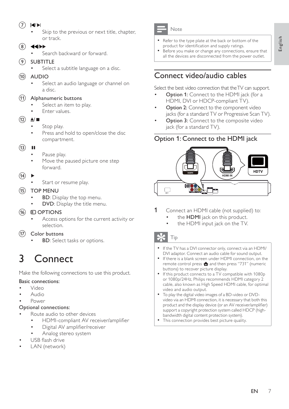 3 connect, Connect video/audio cables | Philips BDP3100 User Manual | Page 7 / 46