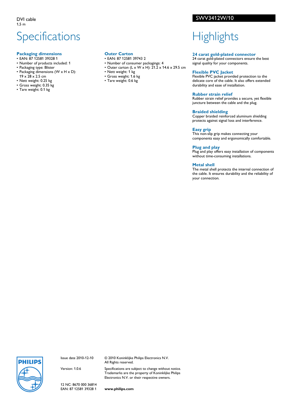 Specifications, Highlights | Philips DVI Cable SWV3412W User Manual | Page 2 / 2