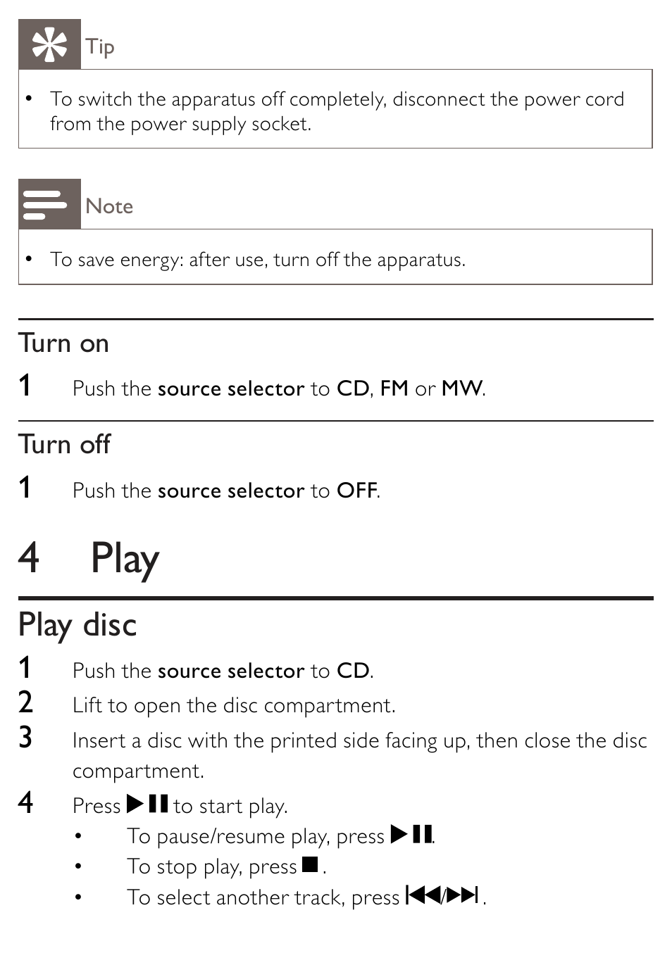 4 play, Play disc, Turn on | Turn off | Philips AZ202/B/C/N/R User Manual | Page 12 / 20