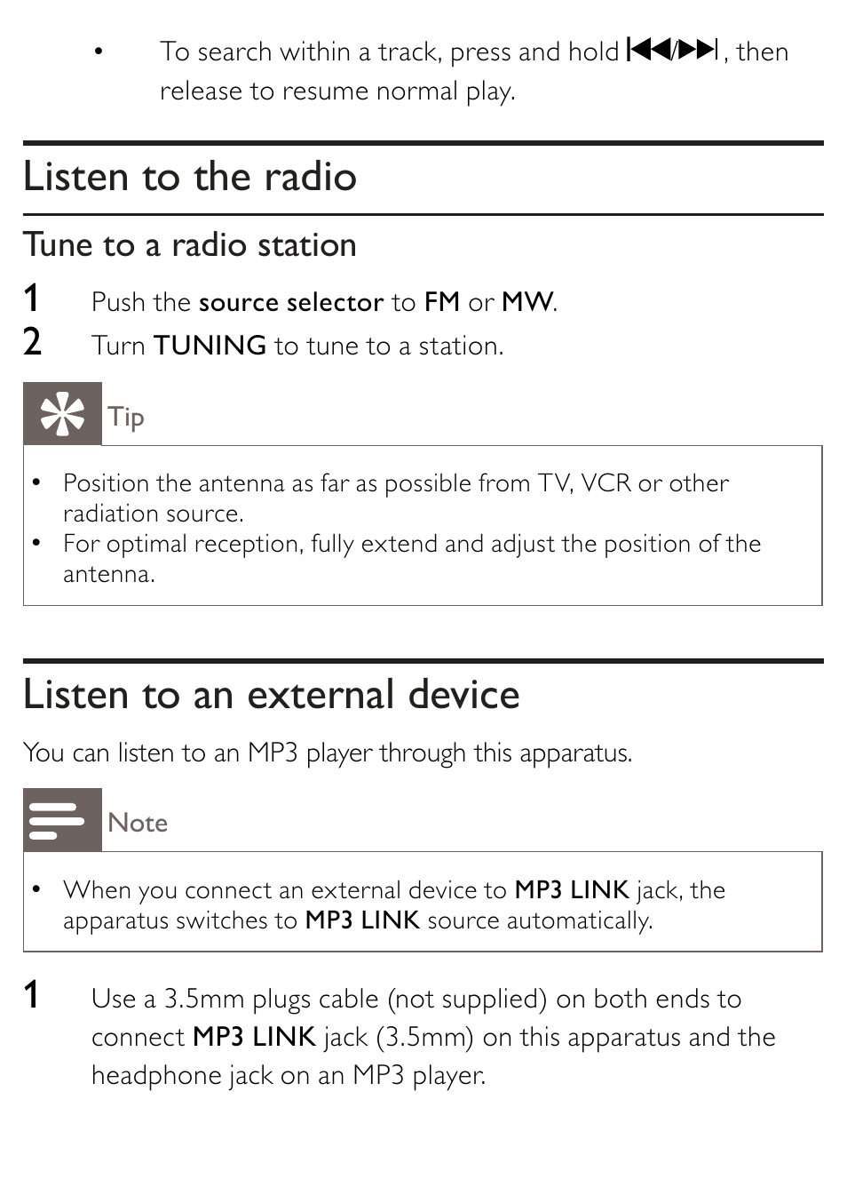 Listen to the radio, Listen to an external device, Tune to a radio station | Philips AZ202/B/C/N/R User Manual | Page 13 / 20