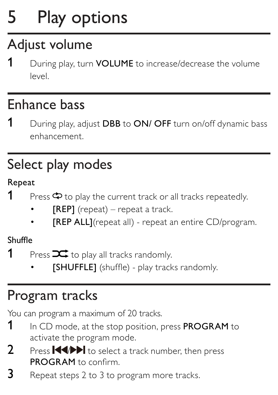 5 play options, Adjust volume, Enhance bass | Select play modes, Program tracks | Philips AZ202/B/C/N/R User Manual | Page 14 / 20